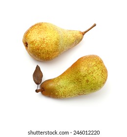 Two Abate Fetel Pear With Leaf, Top View, Isolated