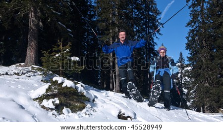 Two acive seniors in an alpine setting enjoying the sun. They wear snowhoes and have ski poles.