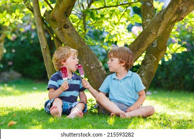 Two adorable little sibling kids eating ice cream pops in home's garden, outdoors. Feeding each other.