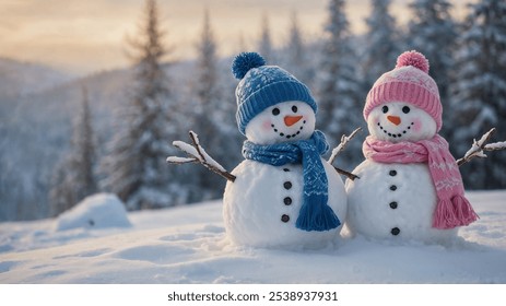 Two adorable snowmen, dressed in cozy hats and scarves, stand together in a snowy winter landscape - Powered by Shutterstock