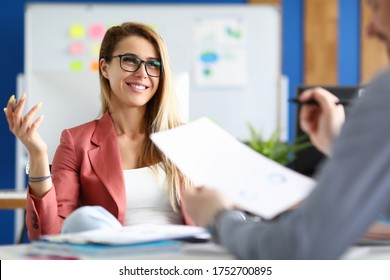 Two Adult Business People Make Work Interview Against Office Background.One On One Meeting Concept.