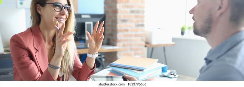 Two Adult Business People Make Work Interview Against Office Background.One On One Meeting Concept.