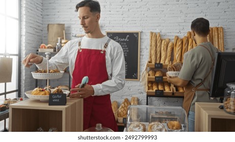 Two adult men working together in a bakery shop, one preparing pastries and the other organizing bread, highlighting the indoor, professional setting with a variety of baked goods on display. - Powered by Shutterstock