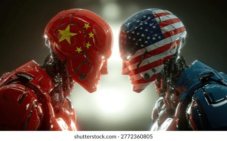 Two advanced robots, one adorned with the Chinese flag and the other with the US flag, face off in a tense, symbolic representation of geopolitical rivalry.
