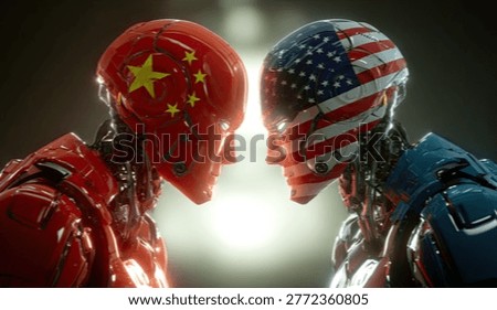 Two advanced robots, one adorned with the Chinese flag and the other with the US flag, face off in a tense, symbolic representation of geopolitical rivalry.
