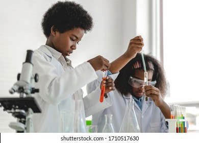 Two African American Cute Little Boy And Girl Student Child Learning Research And Doing A Chemical Experiment While Making Analyzing And Mixing Liquid In Test Tube At Science Class 