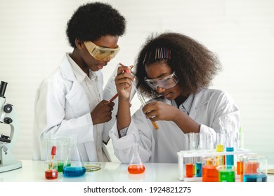 Two African American Cute Little Boy And Girl Student Child Learning Research And Doing A Chemical Experiment While Making Analyzing And Mixing Liquid In Test Tube At Science Class In School