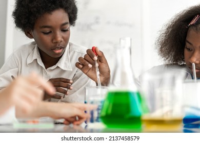 Two African American Cute Little Boy And Girl Student Child Learn Science Research And Doing A Chemical Science Experiment Making Analyzing And Mix Liquid In Test Tube On Class At School