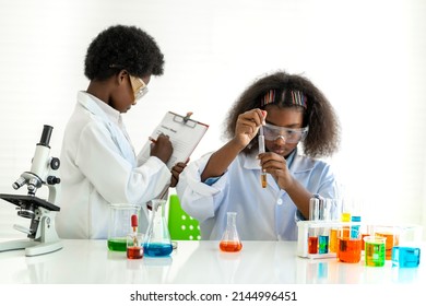 Two african american cute little boy and girl student child learn science research and doing a chemical science experiment making analyzing and mix liquid in test tube on class at school