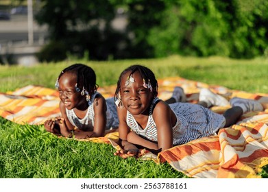 Two african twin sisters relaxing on picnic blanket in park during summer day - Powered by Shutterstock