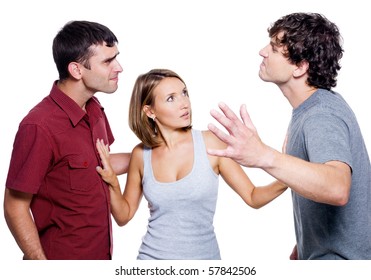 Two aggressive men fight for the woman - isolated over white background