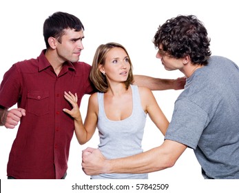 Two Aggressive Men Fight For The Woman - Isolated Over White Background