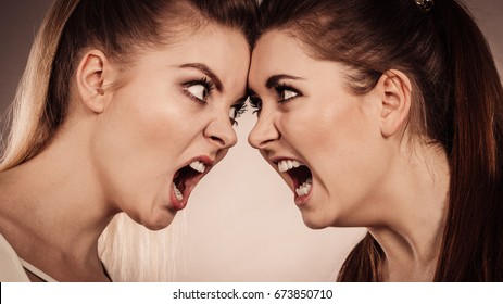 Two agressive women having argue fight being mad at each other. Female violance concept.