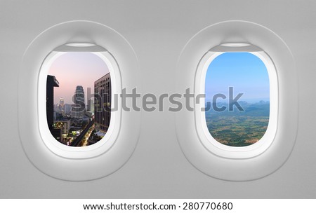 Two airplane windows with sunset city and mountain view,  twilight Bangkok landscape outside window plane