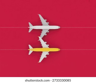 Two airplanes flying in the same direction on a red background