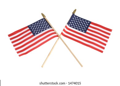 Two American flags, criss-crossed, isolated over white