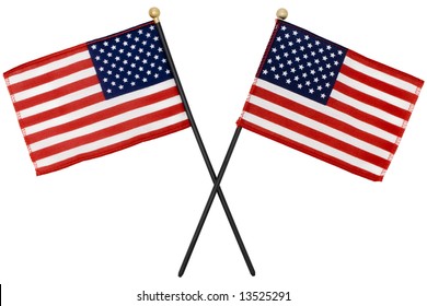 Two American flags crossing each other with selection path