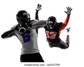 Two American Football Players Quarterback Sacked In Silhouette Shadow On White Background