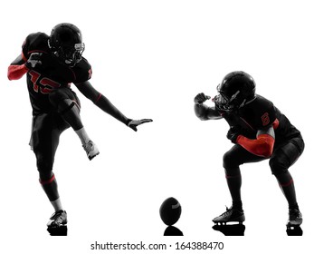 Two American Football Players In Touchdown Celebration Silhouette Shadow On White Background