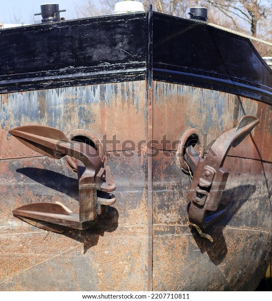 Two\
anchors on a ship\'s bow, Datteln-Hamm-Canal,\
Germany