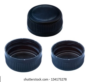 Two Angles Of A Black Plastic Bottle Cap, One Of The Top Side And Two Of The Bottom Side. Isolated On White Background.