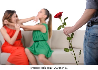 Two Angry Woman Fighting For A Man, Isolated Over White Background