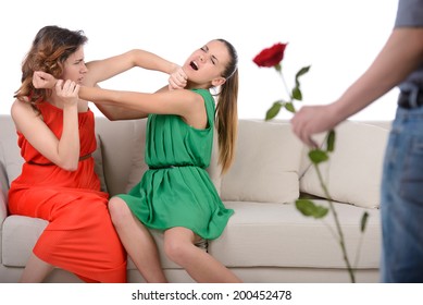 Two Angry Woman Fighting For A Man, Isolated Over White Background