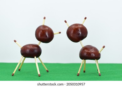 Two Animal Figurines Made Of Chestnuts. Creative Fun In Autumn Time, Hobby For Children