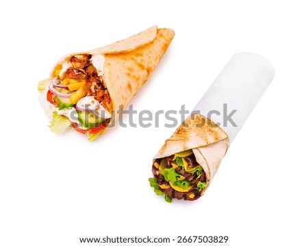Two appetizing wraps showcase a mix of fresh vegetables, meats, and sauces. Perfect for a quick meal, they highlight vibrant colors and diverse ingredients.