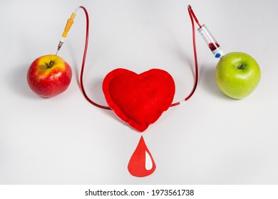 Two apples and a heart as a symbol of the donor's mercy to a recipient or a sick person. Blood transfusion concept. Donor day, blood day.