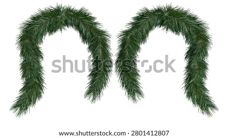Two arched green pine needle Christmas garlands for festive holiday decoration