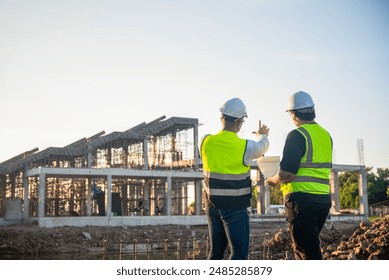 Two Architect man discussing about the building plan and see how the construction progressive at the construction site