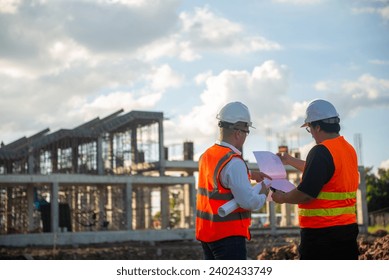 Two architects are standing and discussing building plans and checking the completion of construction, asian architect people working - Powered by Shutterstock