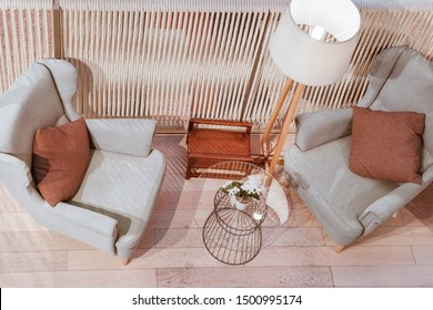 Two Armchairs, A Table And A Lamp, A Cozy Corner Of The Interior, Top View