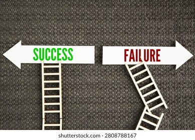 Two arrows in different directions and a ladder with the words Success and failure. Success is the accomplishment of an intended goal or desired outcome. Failure is the condition of not meeting those expectations
