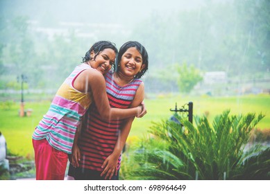 Two Asian Cute Girls Drenched In Rain, Indian Girls Playing In Rain