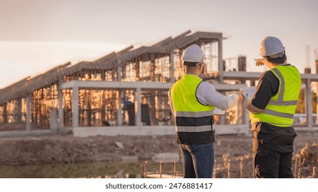 Two Asian engineer working at site of a large building project,Thailand people,Work overtime at construction site,Team of engineer discus at site - Powered by Shutterstock