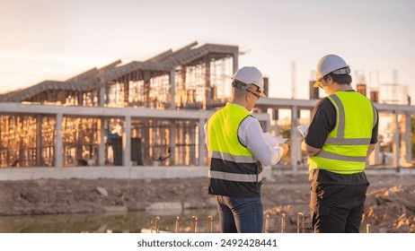 Two Asian engineer working at site of a large building project,Thailand people,Work overtime at construction site,Team of engineer discus at site - Powered by Shutterstock