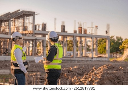 Two Asian engineer working at site of a large building project,Thailand people,Work overtime at construction site,Team of engineer discus at site