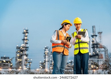 Two Asian female engineer with white safety helmet standing front of oil refinery. Industry zone gas petrochemical. Factory oil storage tank and pipeline. Workers work in the refinery construction - Powered by Shutterstock