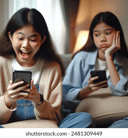 two asian hight school teenagers sisters on their phones staring at each others on the couch in the living room one look excited another look bored