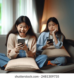 two asian hight school teenagers sisters on their phones staring at each others on the couch in the living room one look excited another look bored