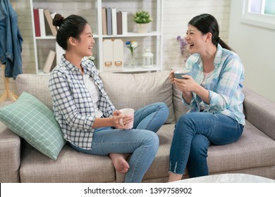 Two Asian Japanese Women Friends Having Coffee And Looking At Each Other Sitting On Couch. Girls Having Fun Relax On Sofa Laughing Loudly Drinking Tea. Female Roommates Talking About Funny Life Thing