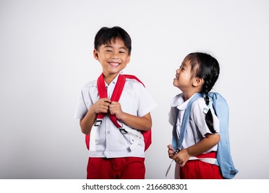 Two Asian Student Kid Girl Boy Schoolchildren Brother Sister Smile Happy Wear Student Thai Uniform Red Pants Skirt In Studio Shot Isolated On White Background, Portrait Little Children Girl Preschool