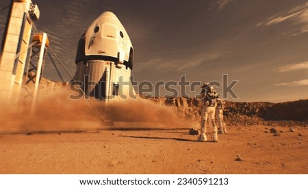 Two astronauts in spacesuits stand, watch spacecraft landing on Mars surface. Manned space mission on red planet. Technological advance of the future. Futuristic colonization and exploration concept.