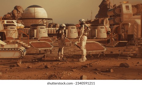 Two astronauts in spacesuits walk toward research station, colony or scientific base on Mars. Solar cell and panels. Space mission on red planet. Futuristic colonization and space exploration concept.
