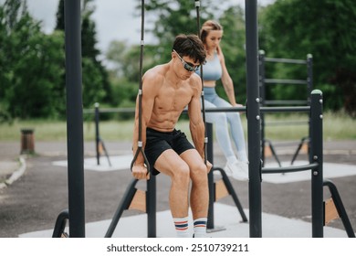 Two athletes engaging in an outdoor calisthenics workout, utilizing parallel bars and rings. Fitness training in a park setting. - Powered by Shutterstock