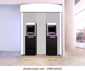 Two ATMs Automated Teller Machines In Booth For Advertising Mockup Template. Out-of-home OOH Media Display Space For Bank Advertisements; With Clipping Paths