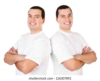 Two Attractive Positive Smiling Young Men Twins Isolated On White