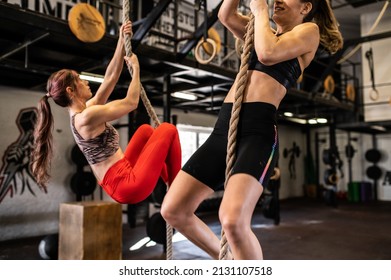 Two attractive young gym friend excercising rope climbing in the modern gym with best equpment. Masculine girls wearing sportswear doing a workout. Healthy lifestyle concept. - Powered by Shutterstock